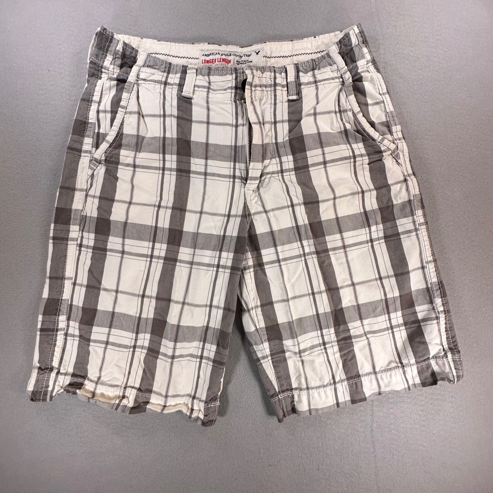 American Eagle Mens Plaid Shorts Size‎ 30 Longer Length Grey White Cotton 5656
